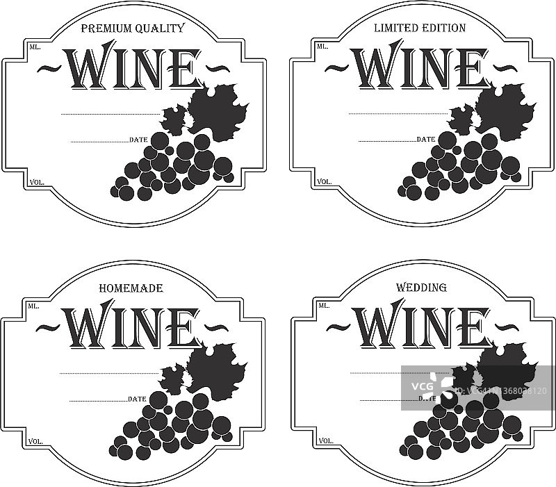 葡萄酒标签设置矢量图像。酒瓶玻璃葡萄剪影。葡萄酒标签定制。婚礼用的酒标。图片素材
