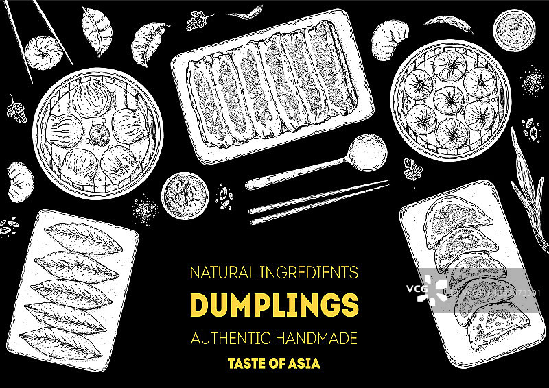 饺子顶视图框架。食品菜单设计模板。手绘矢量插图。中国的饺子。的插图。手绘食物草图。设计模板。图片素材