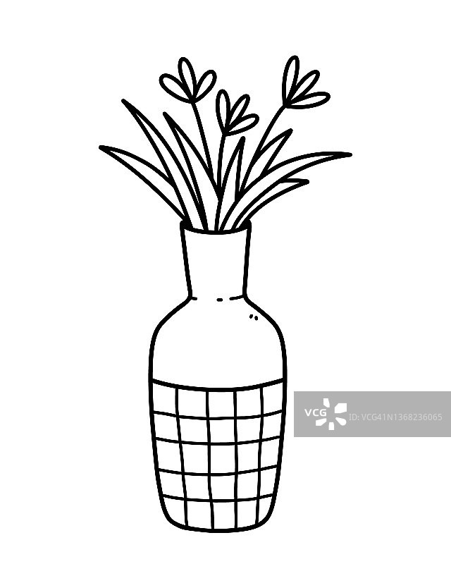 可爱的花在花瓶孤立在白色背景上。矢量手绘插图在涂鸦风格。完美的卡片，装饰，标志。图片素材
