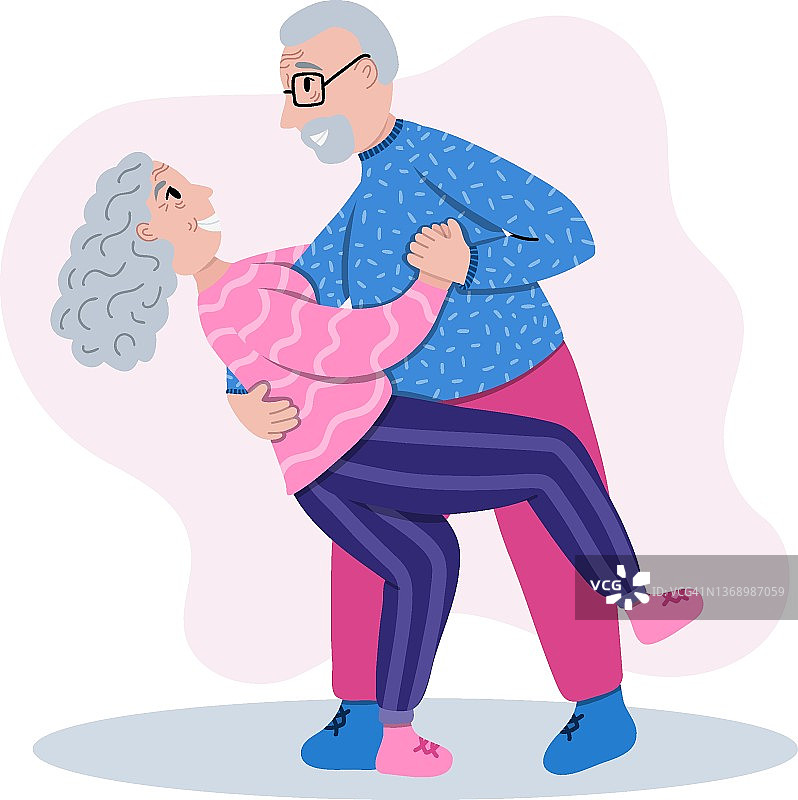 退休的老夫妇在客厅里跳舞。老太太和绅士浪漫地跳舞。爷爷跳支舞，奶奶拱背。程式化的矢量手绘插图。图片素材
