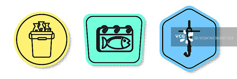 钓鱼桶带鱼，日历带鱼，鱼钩和浮子。颜色的形状。向量图片素材