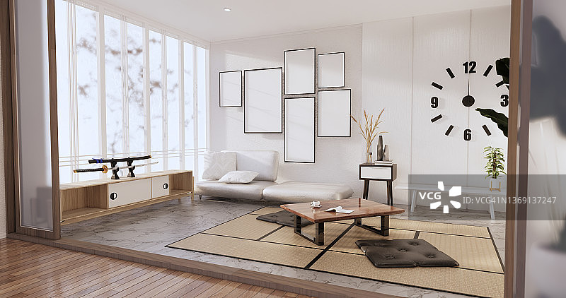 模拟极简主义现代房间日本白色风格。三维渲染图片素材
