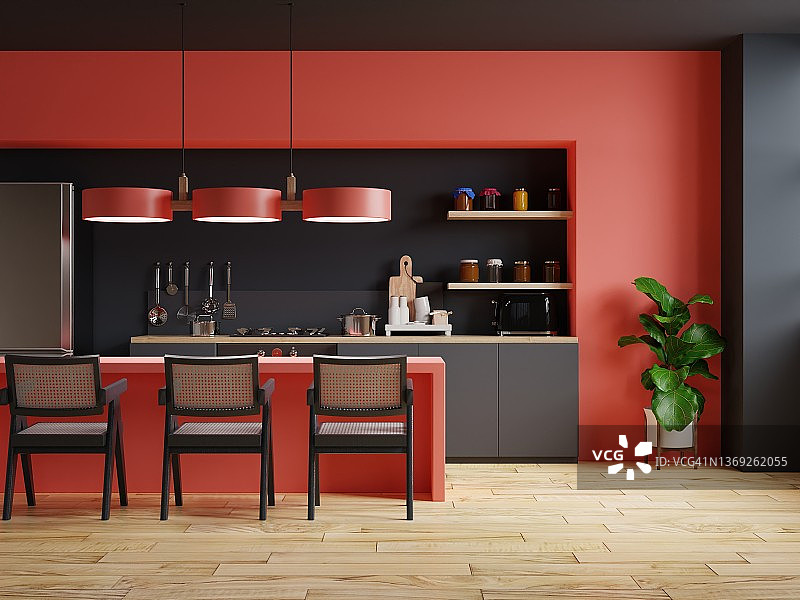 现代风格的厨房室内设计，红色和黑色的墙壁。图片素材