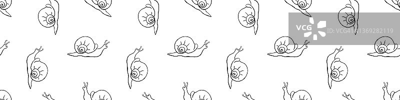 矢量无缝模式轮廓可爱的蜗牛素描风格，涂鸦与螺旋壳，侧视图，孤立。自然背景和纹理图片素材