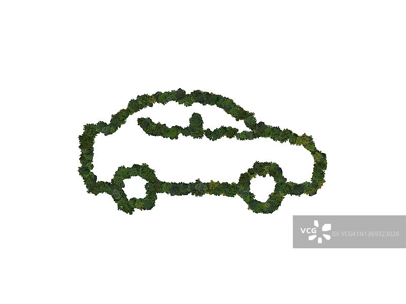 由树的顶视图组成的汽车符号。绿色环保汽车标志。电动汽车或低碳足迹。图片素材