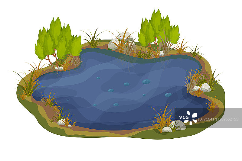 湖泊，沼泽与石头，芦苇百合叶卡通风格孤立在白色背景上。森林幻想场景，野生自然。矢量图图片素材