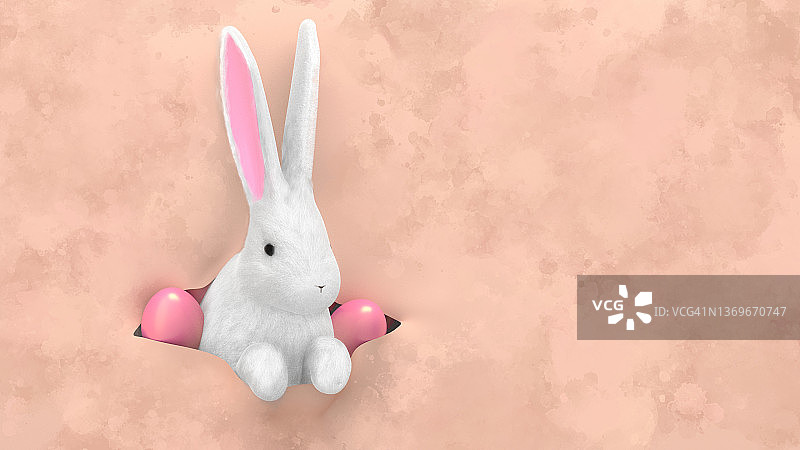 一张有彩色彩蛋的纸上嵌着一只小白兔，小白兔从缝里探出头来。复活节明信片。3D渲染图片素材
