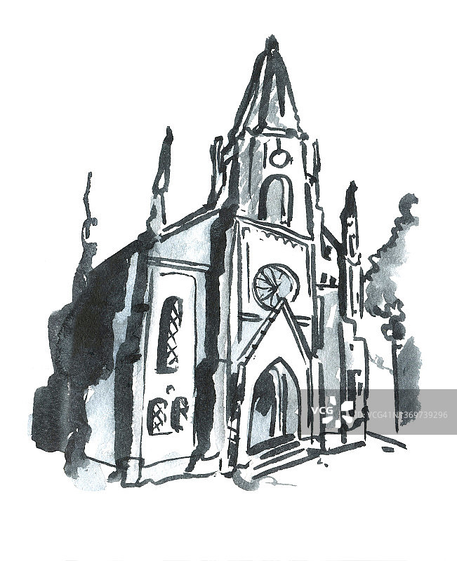 欧洲教堂建筑。哥特式殿。天主教会。水彩绘画插图图片素材