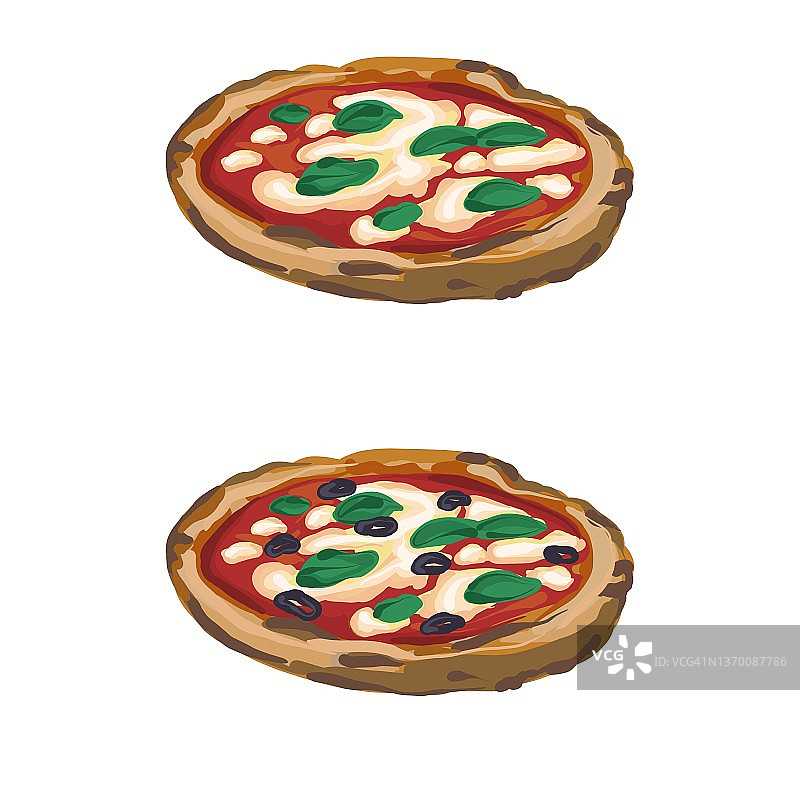 一套2手画素食披萨孤立在白色背景。番茄，马苏里拉奶酪和罗勒叶披萨。比萨玛格丽塔。图片素材