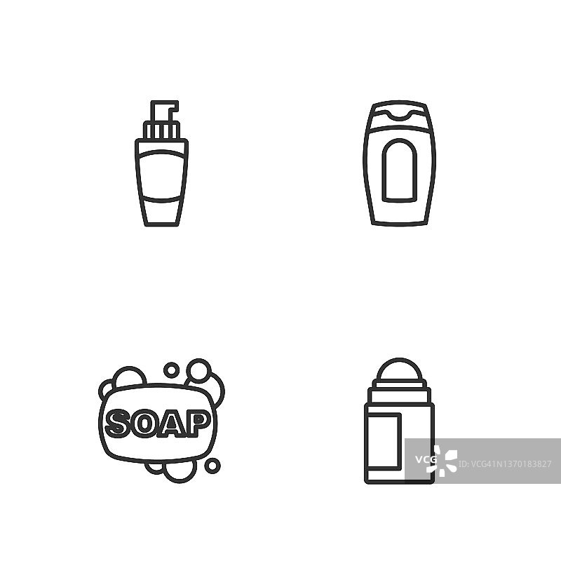 设置线除臭剂卷，肥皂，管护手霜和洗发水图标。向量图片素材