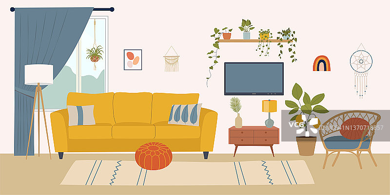 舒适的椅子，灯和室内植物。北欧室内。矢量平面卡通插图图片素材
