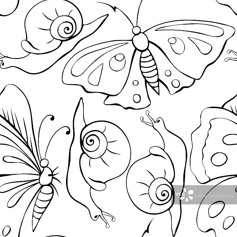 向量无缝模式的黑色轮廓蝴蝶和蜗牛。涂鸦风格。鲜花草甸。以自然、春夏、儿童为主题的可爱纹理图片素材