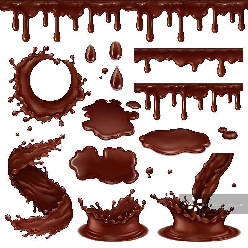 逼真的巧克力元素，热可可滴，旋涡和飞溅。滴巧克力霜酱矢量插图集。液体的巧克力甜点图片素材