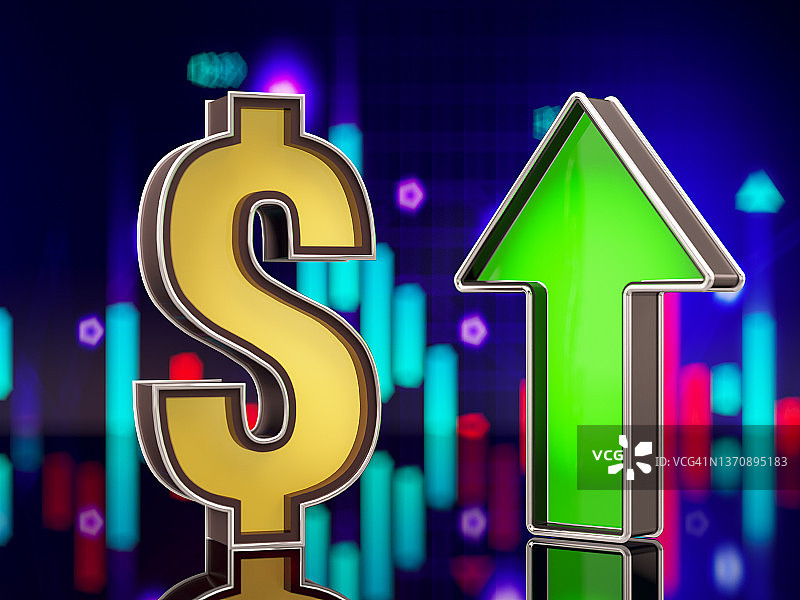 美元上升趋势概念，以绿色长箭头和金融图表为背景图片素材