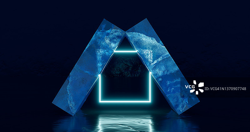 3 d渲染。讲台用一块坚实的矩形蓝色冰做成的讲台或架子，在霓虹灯的黑暗背景下工作室的背景。图片素材