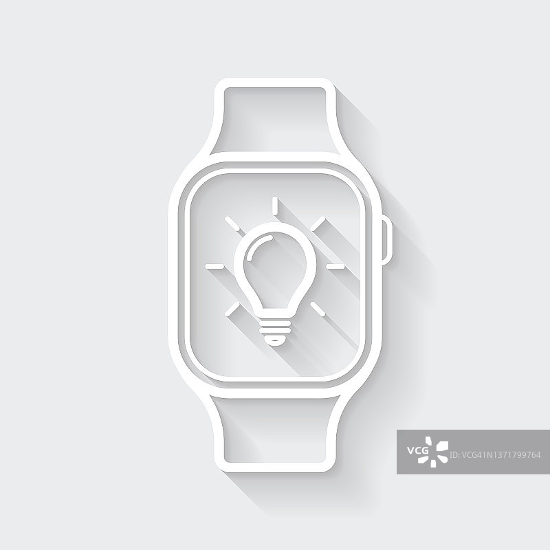 带灯泡的智能手表。图标与空白背景上的长阴影-平面设计图片素材