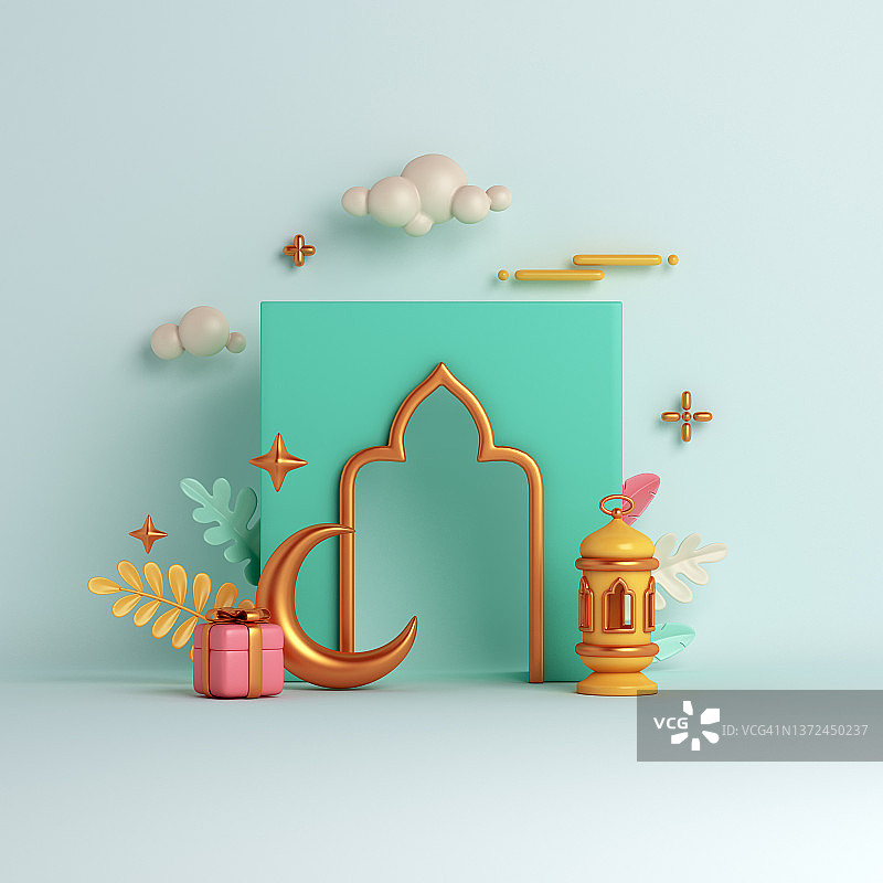 伊斯兰装饰背景与新月清真寺，窗户，灯笼卡通风格，斋月kareem, mawlid，开斋饭，isra miraj，开斋节，穆哈兰，拷贝空间，3D插图。图片素材