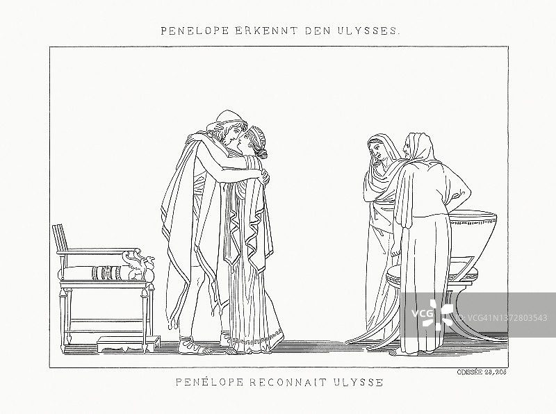 尤利西斯和佩内洛普(奥德赛)的会面，雕刻钢，1833年图片素材