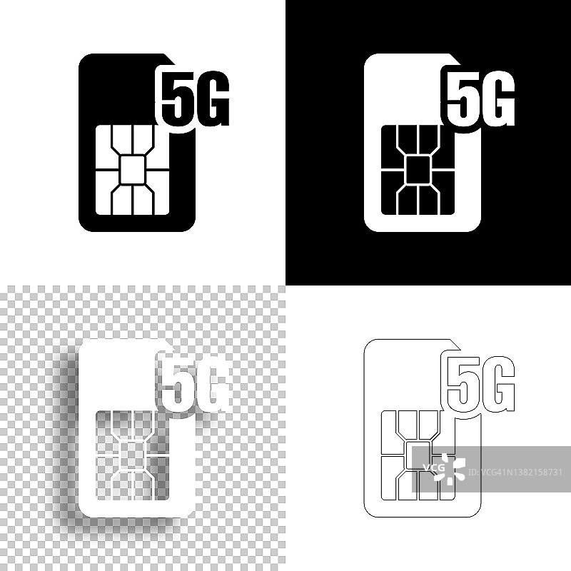 5 g的SIM卡。图标设计。空白，白色和黑色背景-线图标图片素材