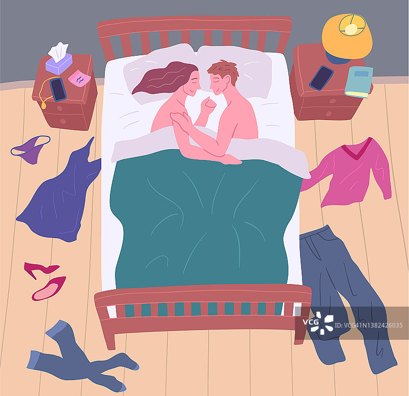 卡通色彩角色浪漫的夫妇在床的概念。向量图片素材