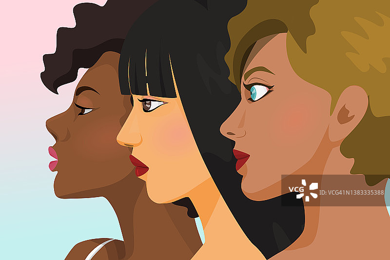 BAME插画概念在柔和的色彩背景上展现不同种族的美女。图片素材