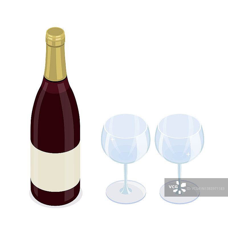 红酒酒瓶和两个干净玻璃杯等距矢量图图片素材