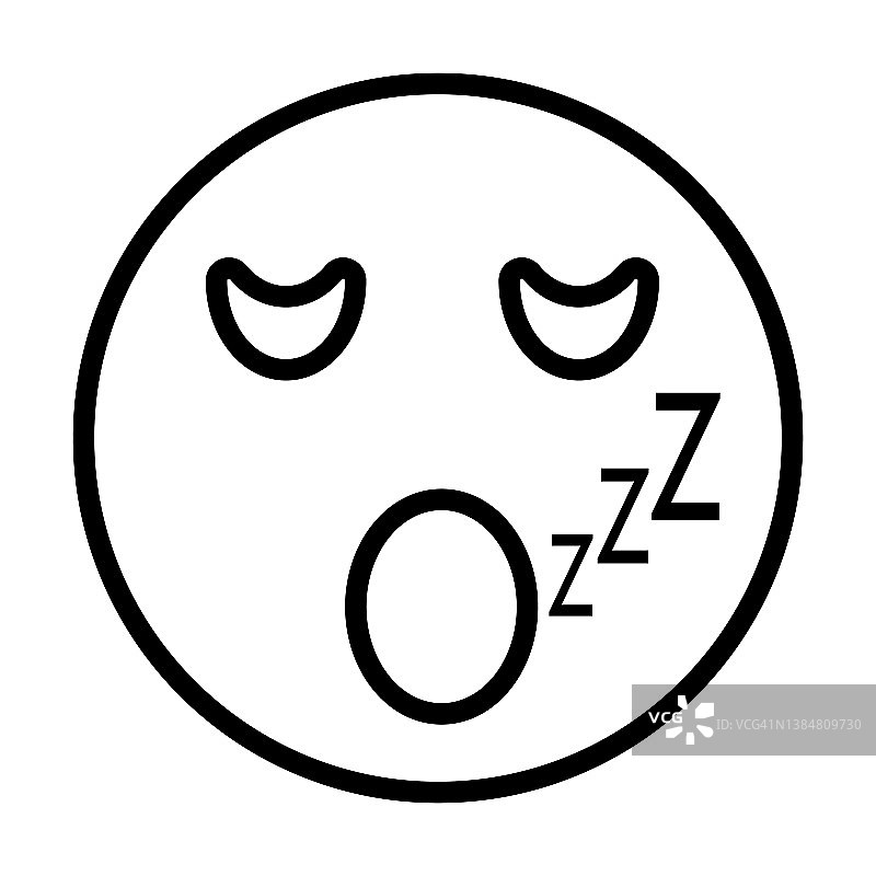 表情符号集合中的沉睡表情符号。薄薄的线性睡眠表情符号，面部，面部轮廓图标孤立在白色背景上。线向量睡眠表情符号，网络和移动的符号。图片素材