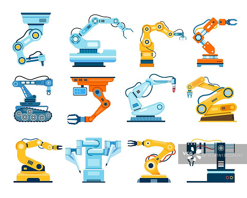 机械臂，工业操纵臂，机械手。工厂机械手，自动化机械手，装配机器人向量集图片素材