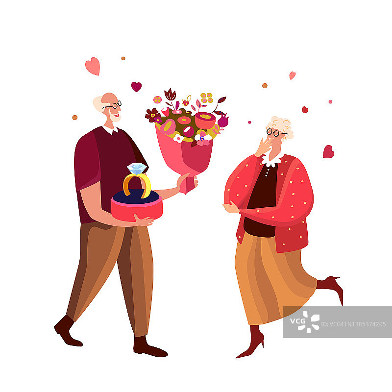 爱情，订婚，订婚，求婚。拿着结婚戒指和一束花的退休老人英俊的男人向漂亮的老女人求婚。婚姻。平面向量插图。图片素材