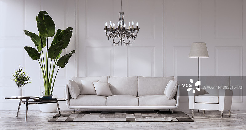 客厅有一个沙发，灯和装饰树在白色的墙壁背景。三维渲染图片素材