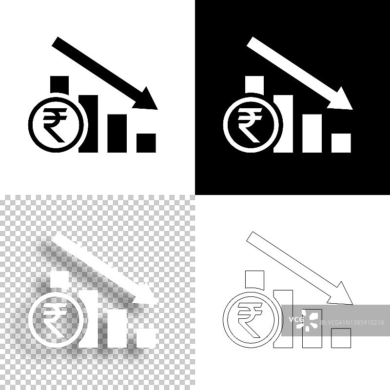 印度卢比汇率下降图表。图标设计。空白，白色和黑色背景-线图标图片素材