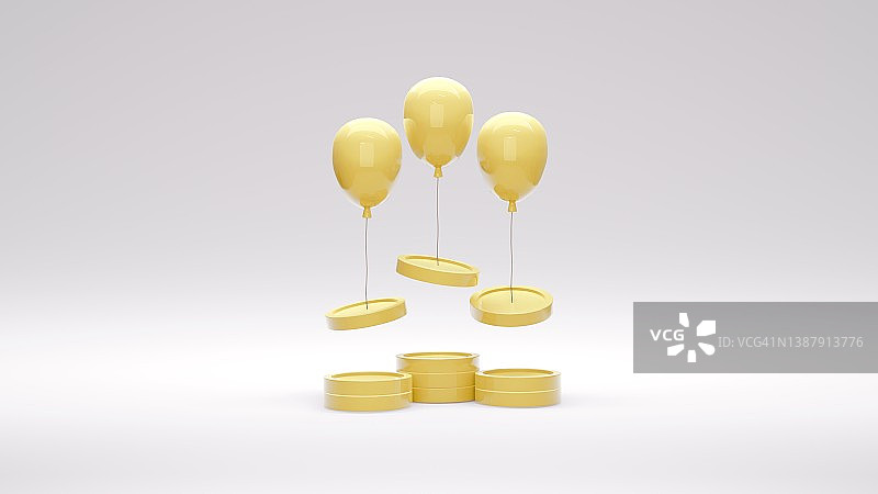 3D渲染货币膨胀概念，货币消费概念。硬币被孤立在背景上的气球抬高。3D渲染。3D插图。图片素材