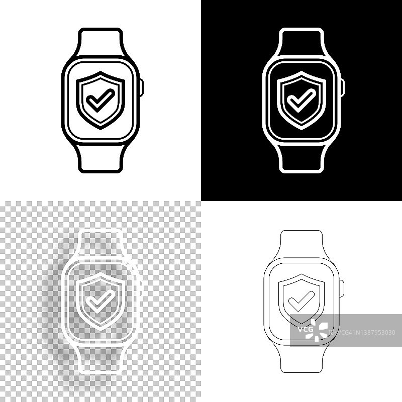安全smartwatch。图标设计。空白，白色和黑色背景-线图标图片素材