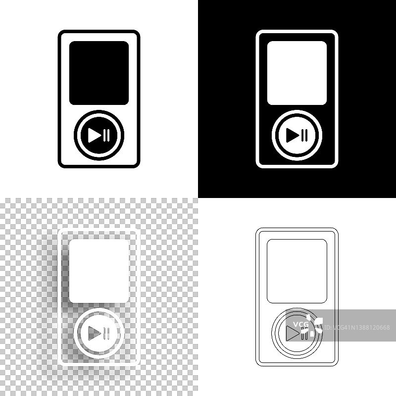 Mp3播放器。图标设计。空白，白色和黑色背景-线图标图片素材