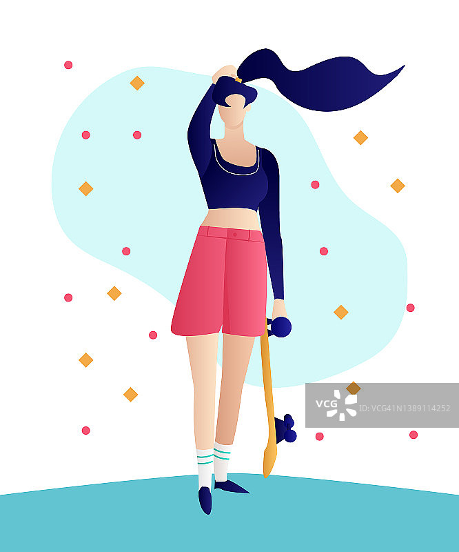 女孩与滑板站和摆姿势在公园插图矢量。女孩力量概念海报。夏天的时间图片素材