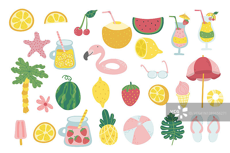 一套可爱的夏季图标。画平面卡通鸡尾酒、果汁、冰淇淋、水果、鲜花、棕榈树。手绘平面卡通。完美的夏季海报，卡片，剪贴簿，标签，邀请图片素材