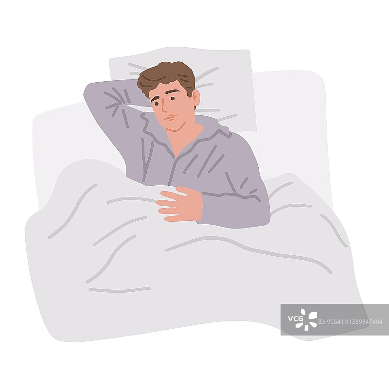 一个患失眠的人躺在床上。睡眠障碍。矢量手绘插图在平面卡通风格。孤立的白色背景。图片素材