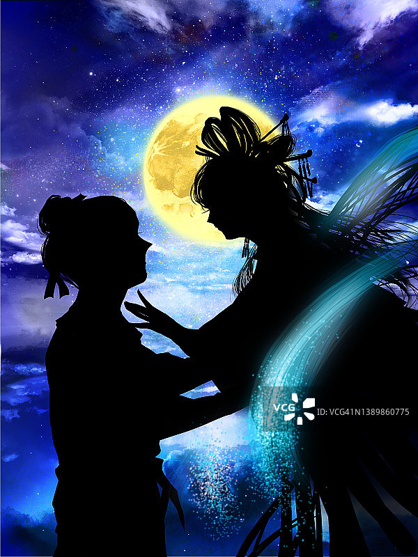 七夕传说中的织姬和昼波在繁星满天的天空中重逢，画的是剪纸插画风格图片素材