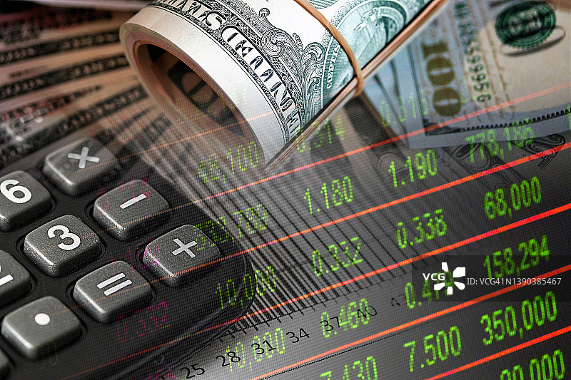 经济图表:美元，计算器和股票市场指标图片素材