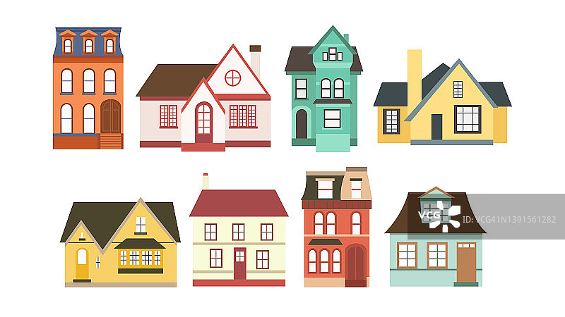 一套卡通风格的房子。城市和乡村的房子，联排别墅和农舍的矢量插图与前面的白色背景。图片素材