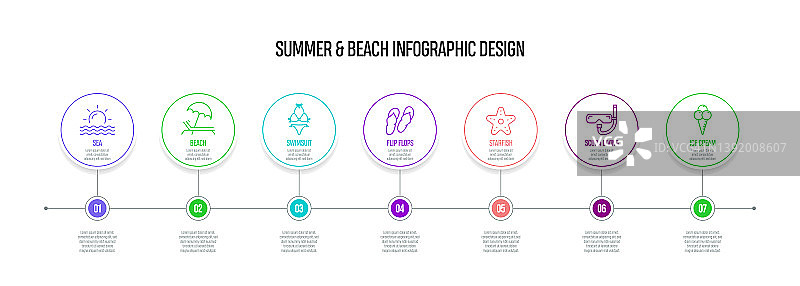 暑期和假期概念矢量线信息图形设计图标。7选项或步骤的介绍，横幅，工作流程布局，流程图等。图片素材