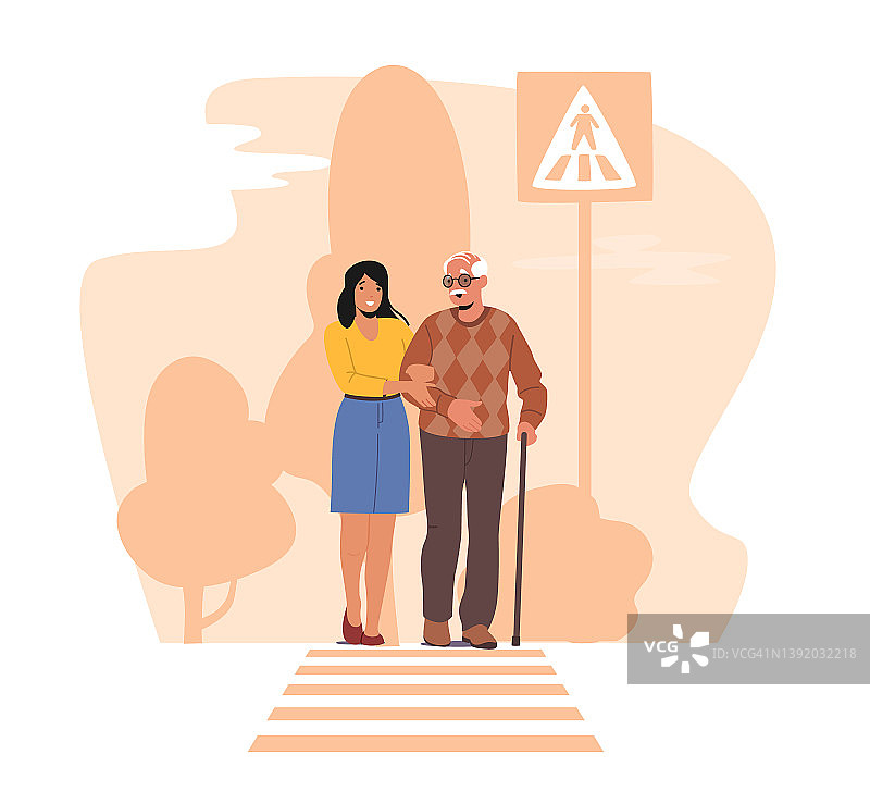 女性角色帮助老人拄着拐杖过马路。年轻女子城市居民移动过十字路口图片素材