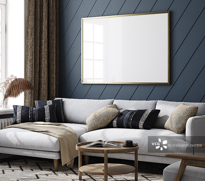 在家里室内的框架模型，客厅的颜色是深蓝色图片素材