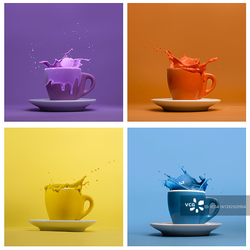 四种不同颜色的热饮的拼贴画，液体飞溅在边缘上图片素材