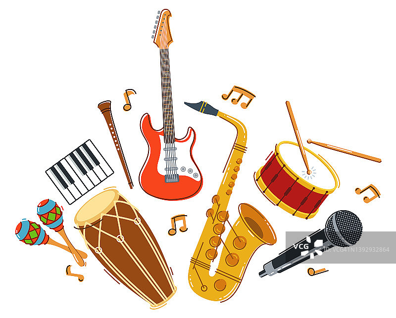 爵士乐队概念不同的乐器矢量平面插图孤立在白色背景，现场声音节日或音乐会，音乐家不同的乐器设置。图片素材