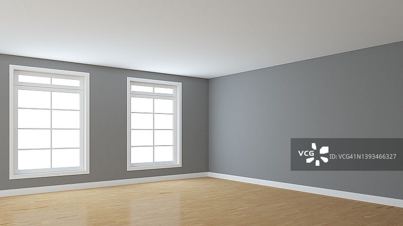 空的内部角落与灰色的墙壁，两个白色的窗户，轻拼花地板图片素材