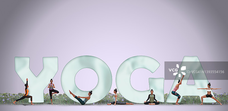 大型瑜伽设计与一些女性练习瑜伽的软背景图片素材