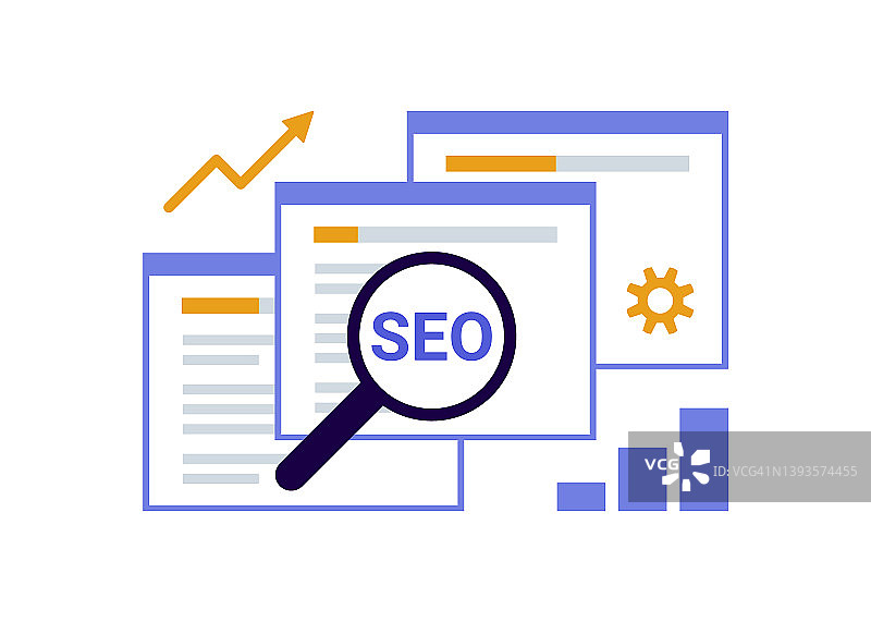 搜索引擎优化，SEO优化，分析和广告概念。带放大镜的搜索屏幕。标志SEO网站排名最高。矢量图图片素材