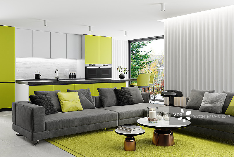 绿色和白色豪华现代简约公寓内部。客厅配有配有皮革凳子的现代厨房。图片素材