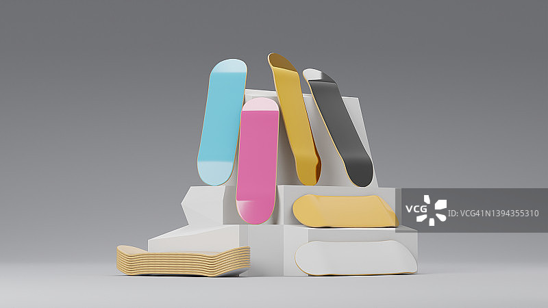 滑板甲板堆叠显示。滑板店展示概念。三维渲染图片素材